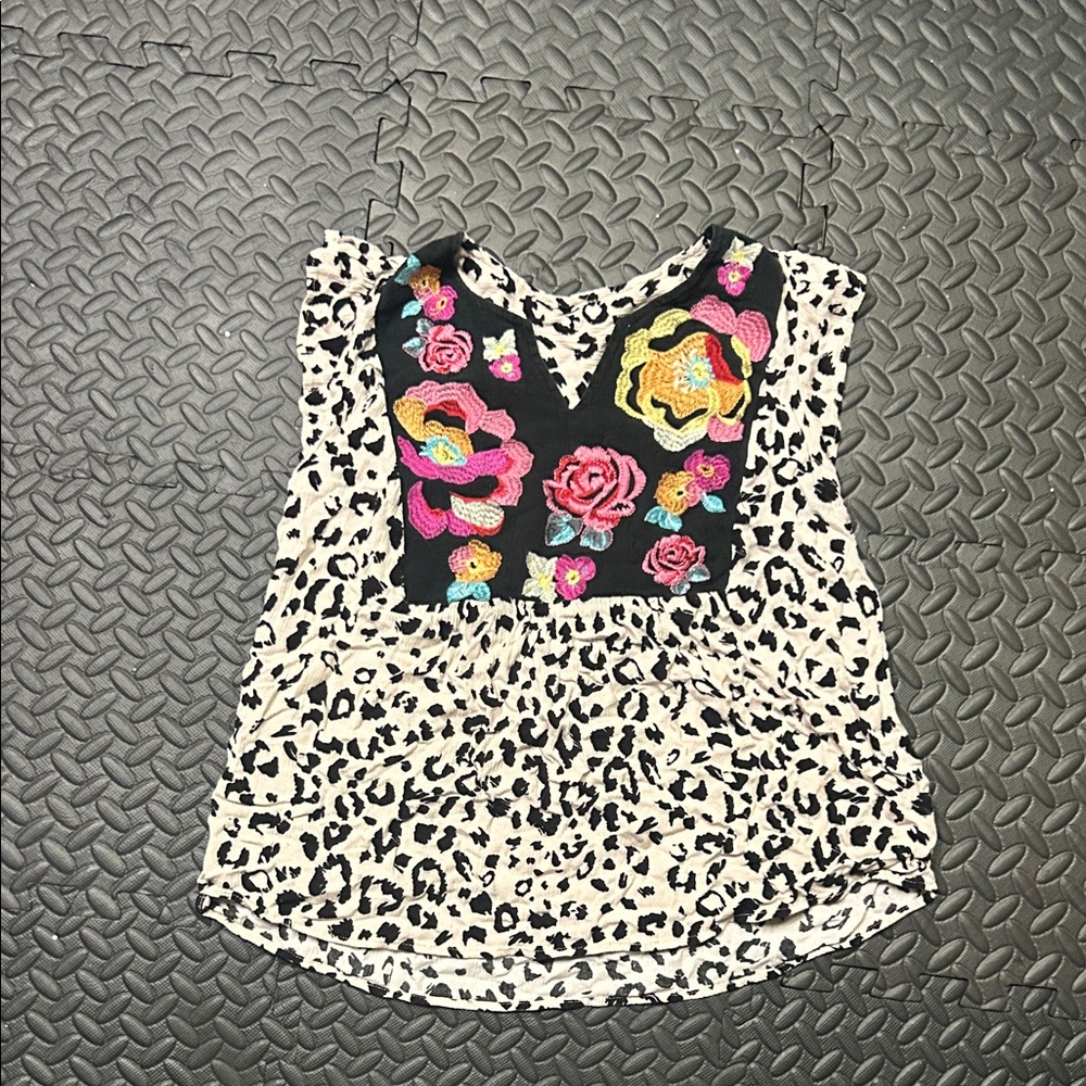 Floral Embroidered Leopard Print Blouse